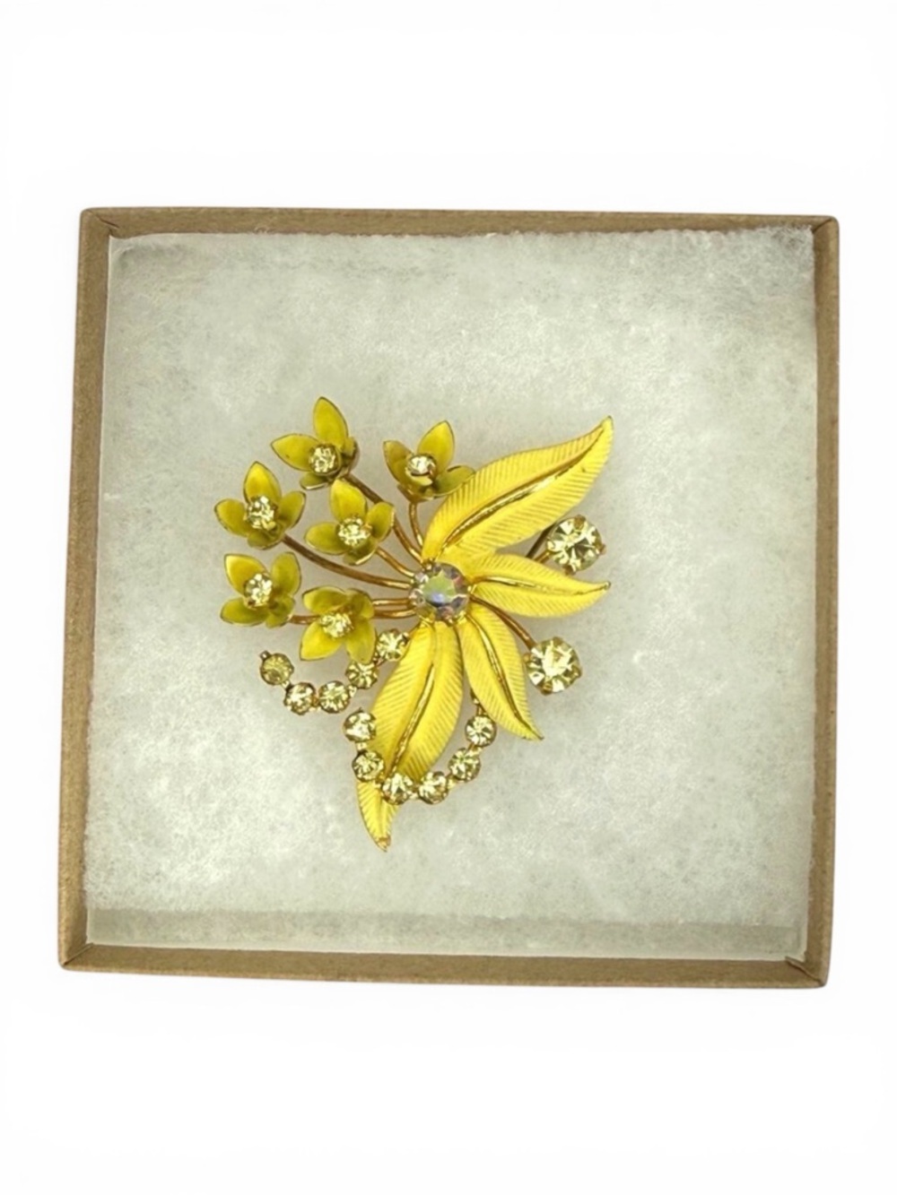Vintage Austria Floral Rhinestone Brooch Gold Tone Spray Aurora Borealis Mid